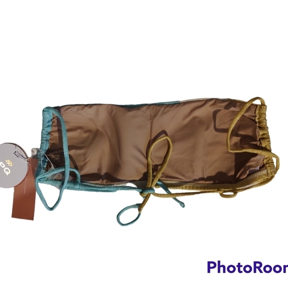 PQ Swim Bandeau Bikini Top in a Shimmery Yellow, Cre am & Turquoise Sz. - Picture 2 of 4